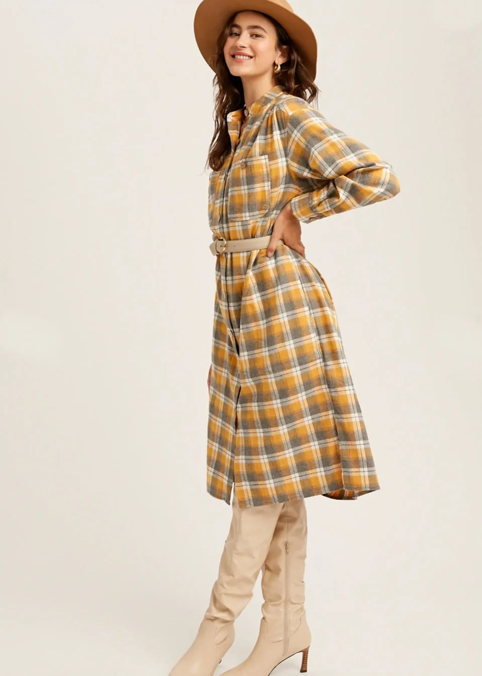 Charlie, Women's Plaid Flannel Knee Length Shirt Dress, Blue Plaid or Yellow Plaid