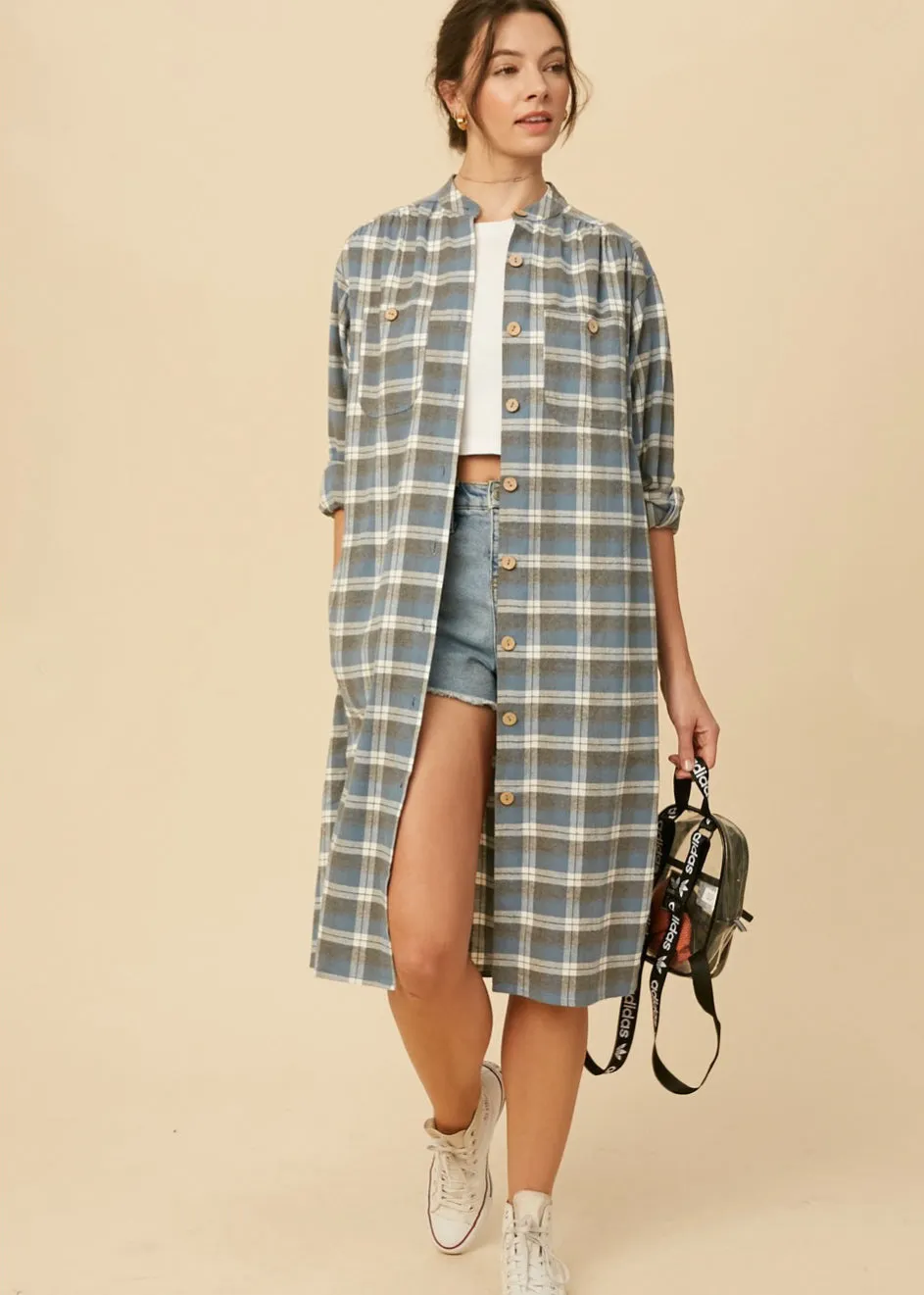 Charlie, Women's Plaid Flannel Knee Length Shirt Dress, Blue Plaid or Yellow Plaid