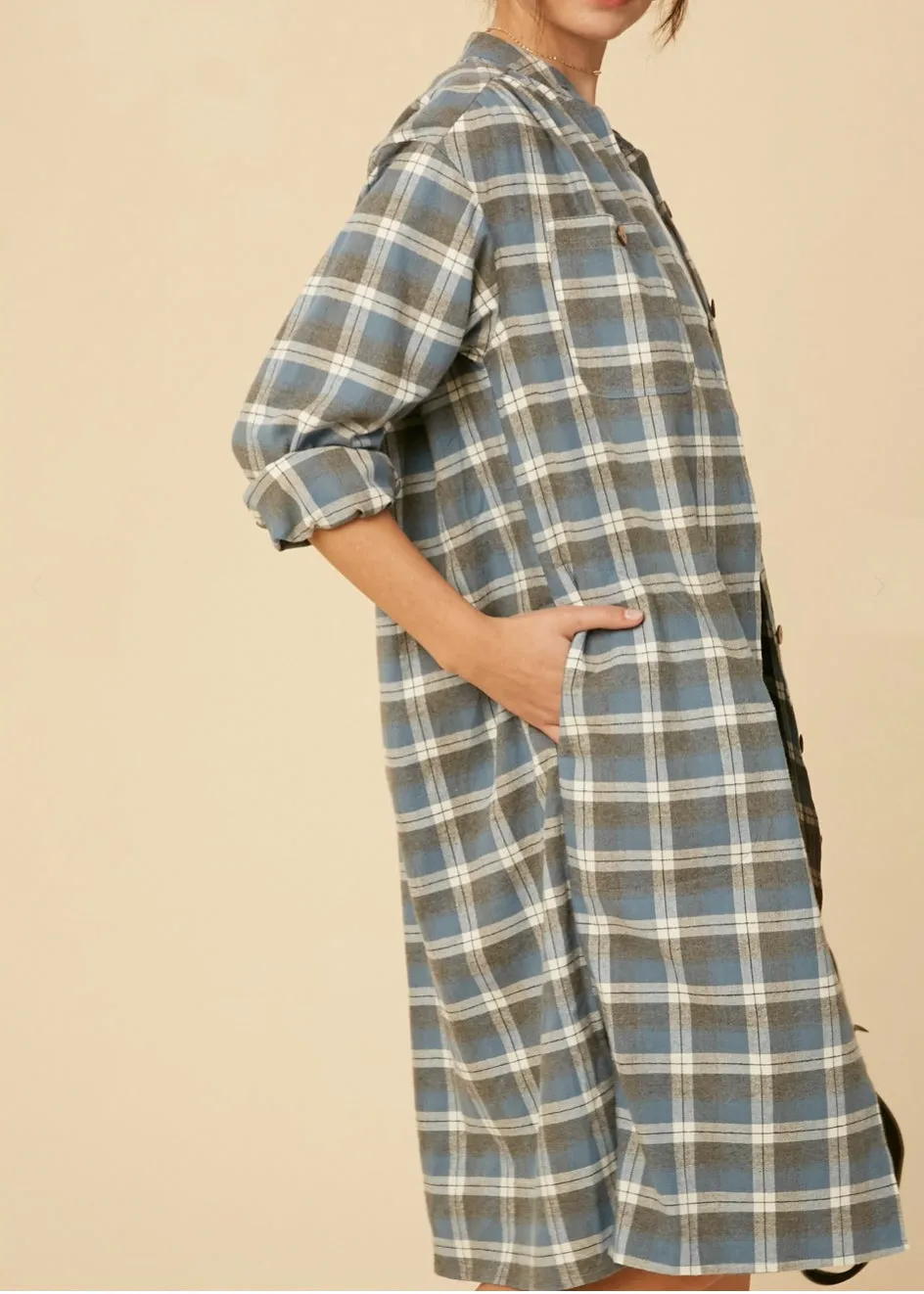 Charlie, Women's Plaid Flannel Knee Length Shirt Dress, Blue Plaid or Yellow Plaid