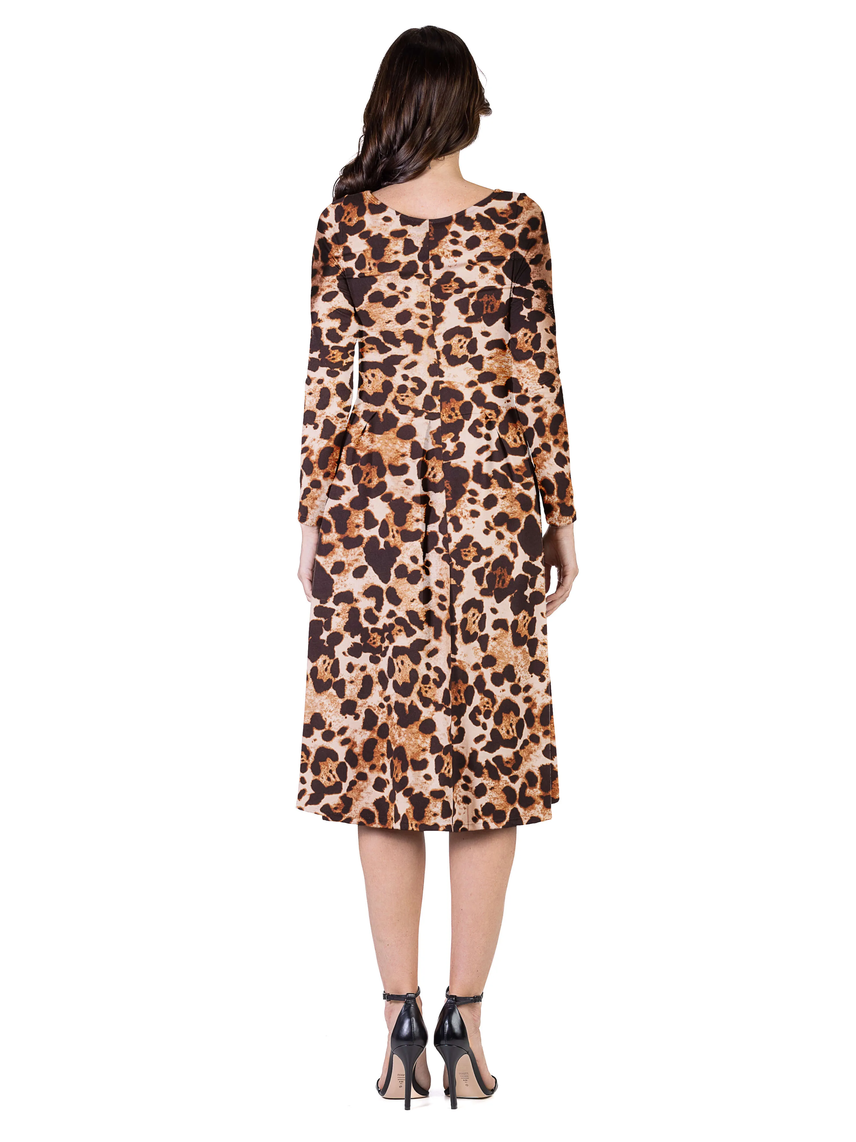 Cheetah Print Long Sleeve Pleated Midi Dress with Pockets