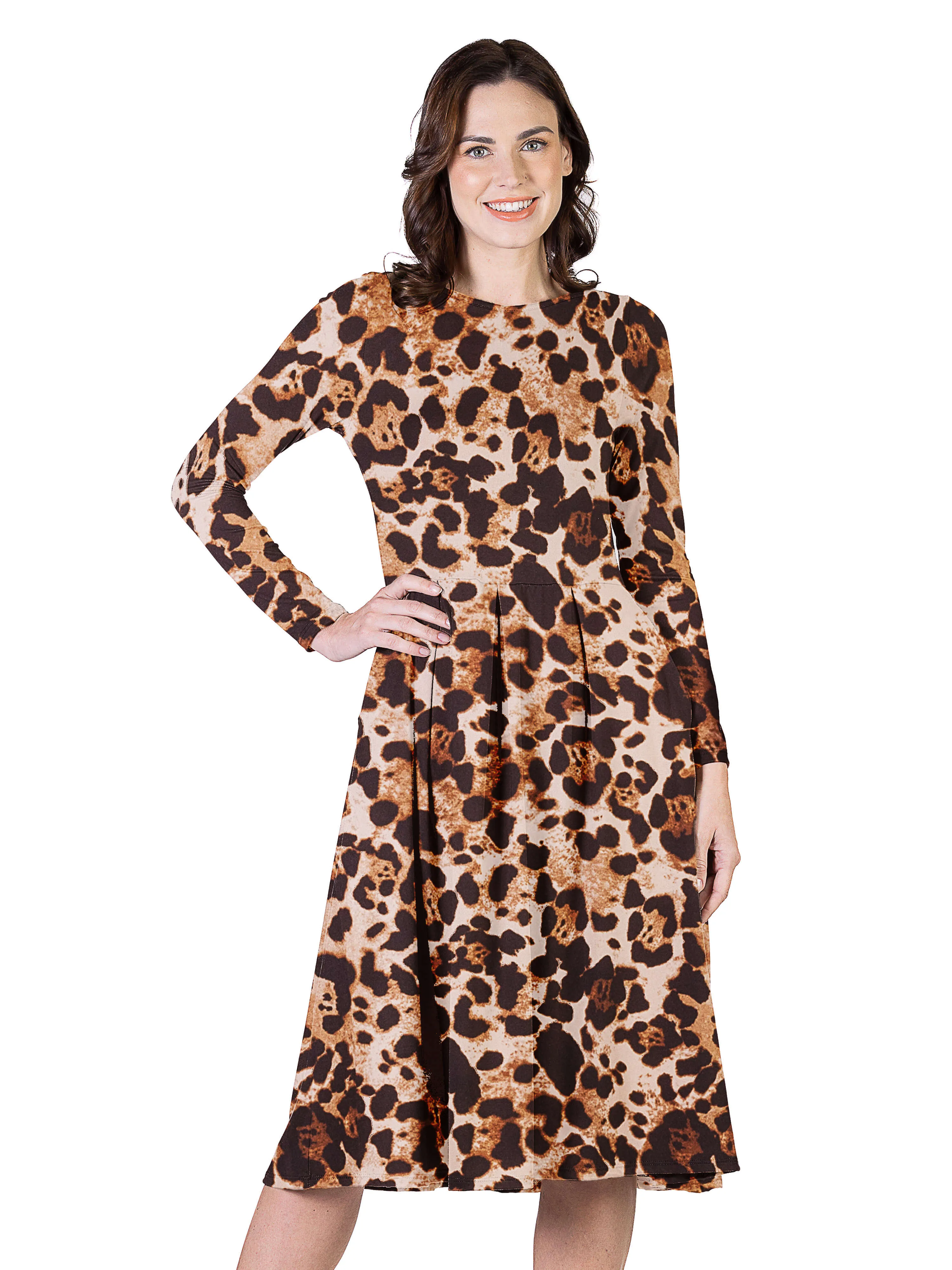 Cheetah Print Long Sleeve Pleated Midi Dress with Pockets