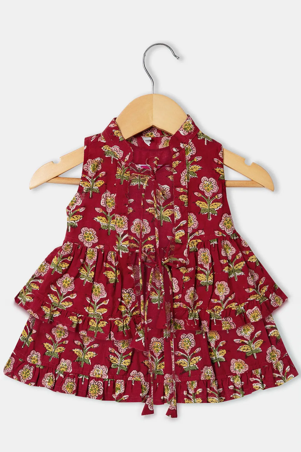 Chittythalli Girls Cottton Round Neck Frock with Mandarian Collar Overcoat - Red - FR31