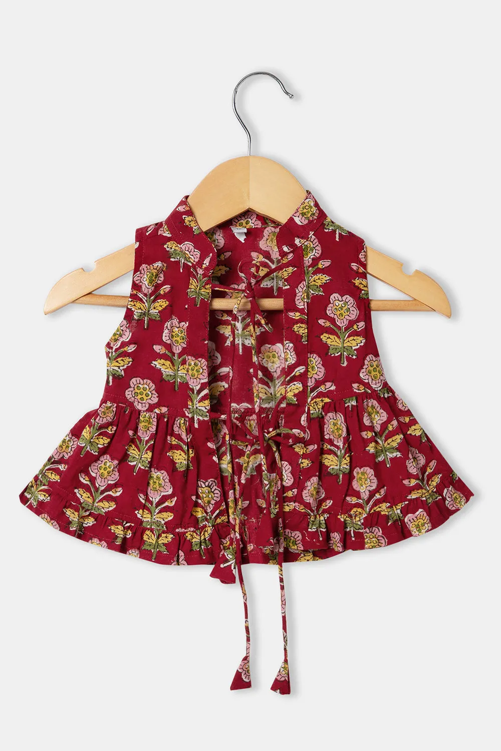 Chittythalli Girls Cottton Round Neck Frock with Mandarian Collar Overcoat - Red - FR31