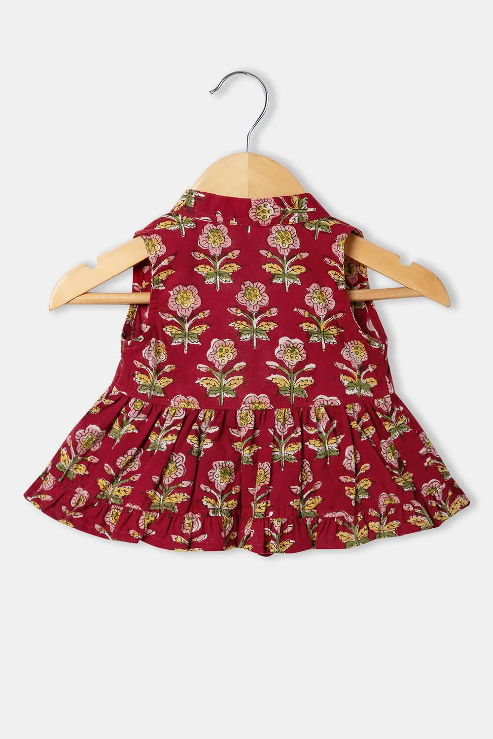 Chittythalli Girls Cottton Round Neck Frock with Mandarian Collar Overcoat - Red - FR31