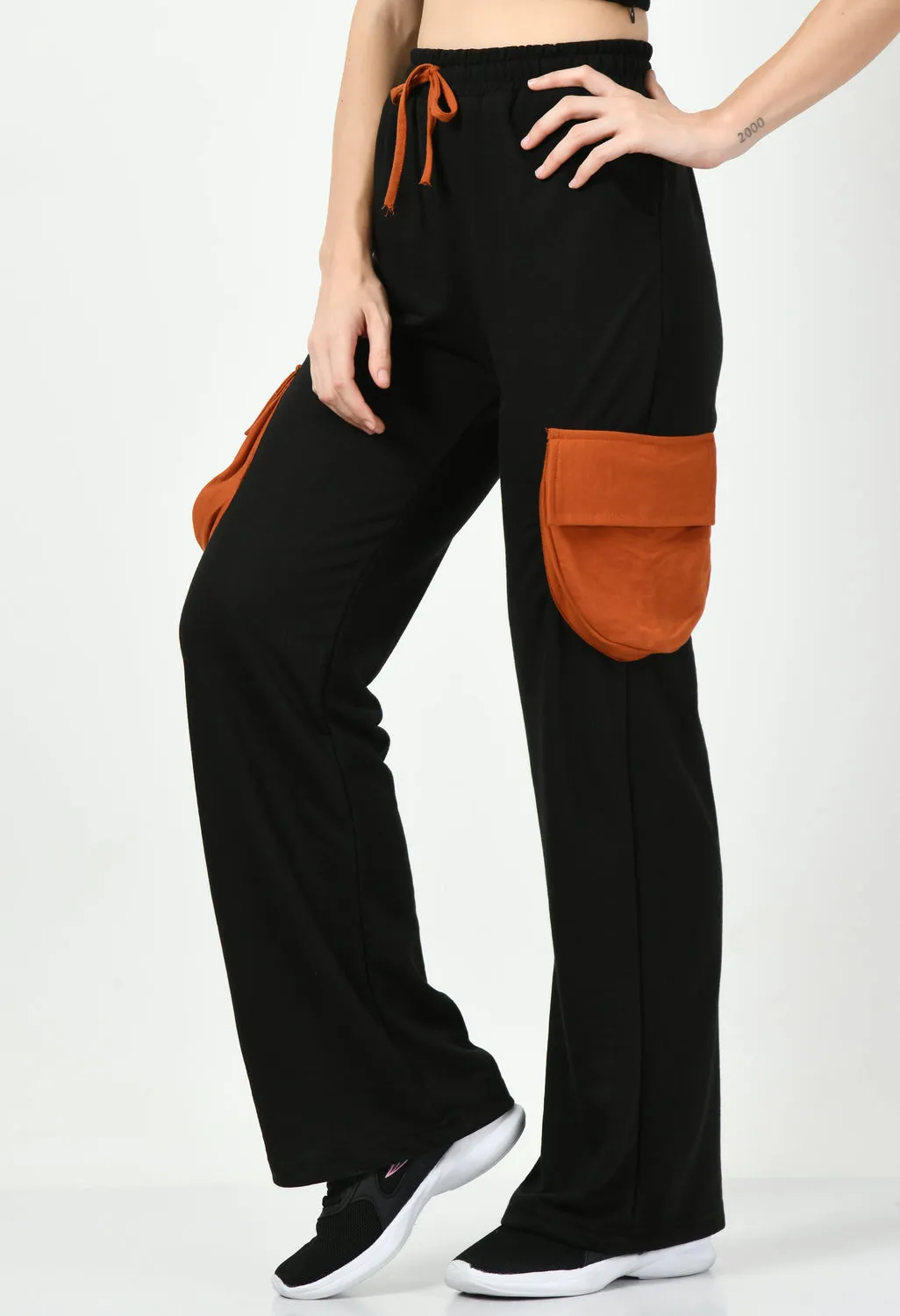 Color Blocking Wide Leg Joggers - Black