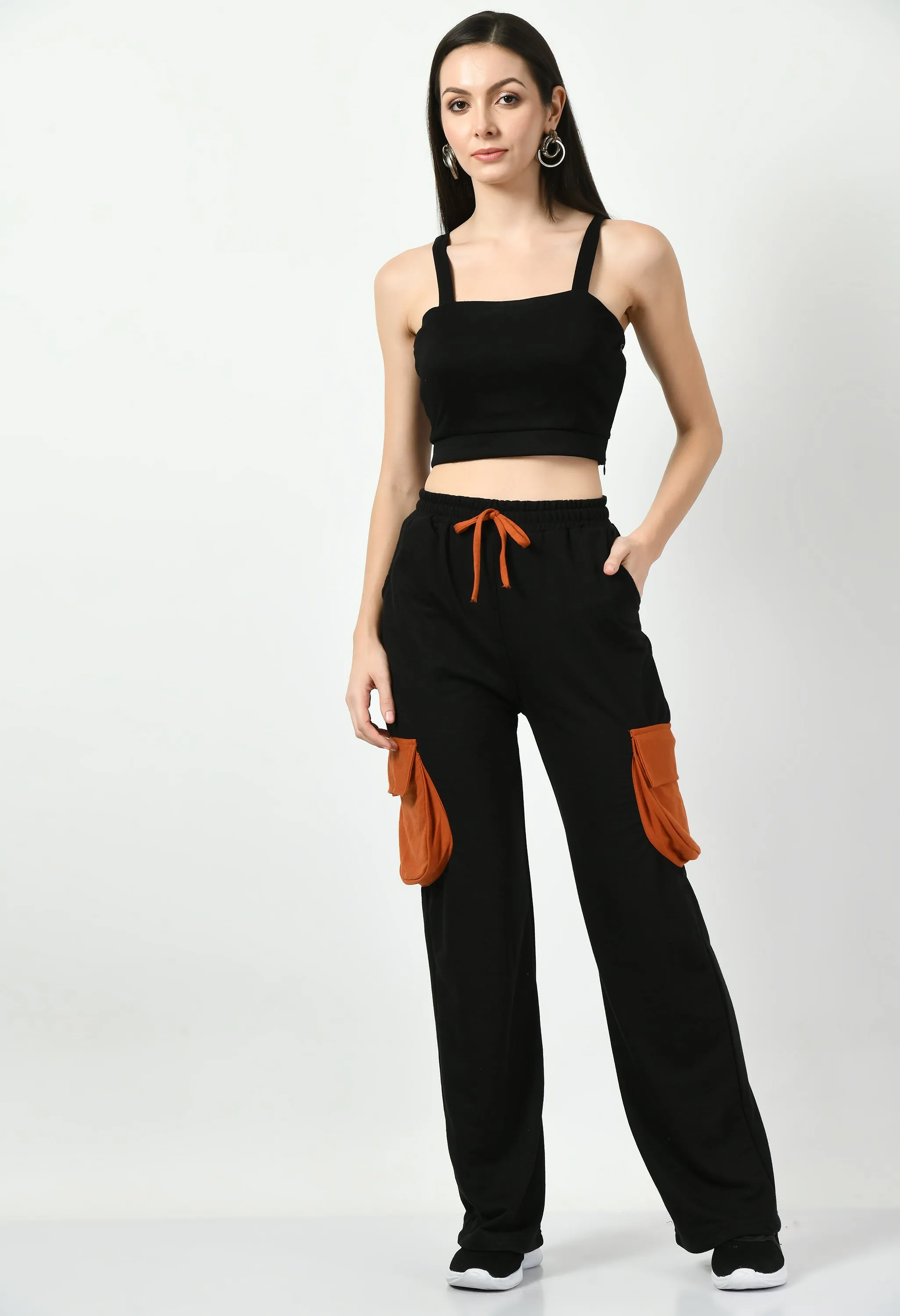 Color Blocking Wide Leg Joggers - Black