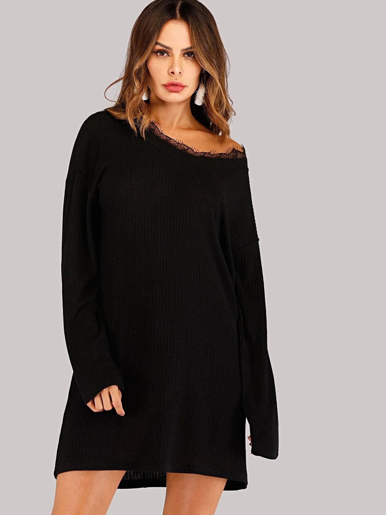 Contrast Lace Ribbed Knit Jumper Dress