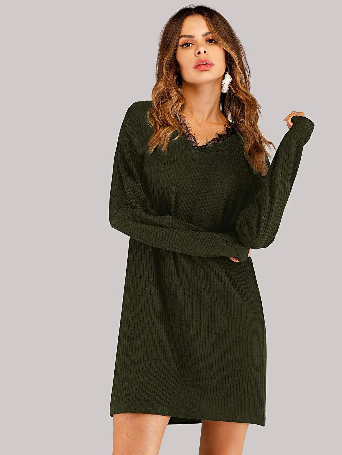 Contrast Lace Ribbed Knit Jumper Dress