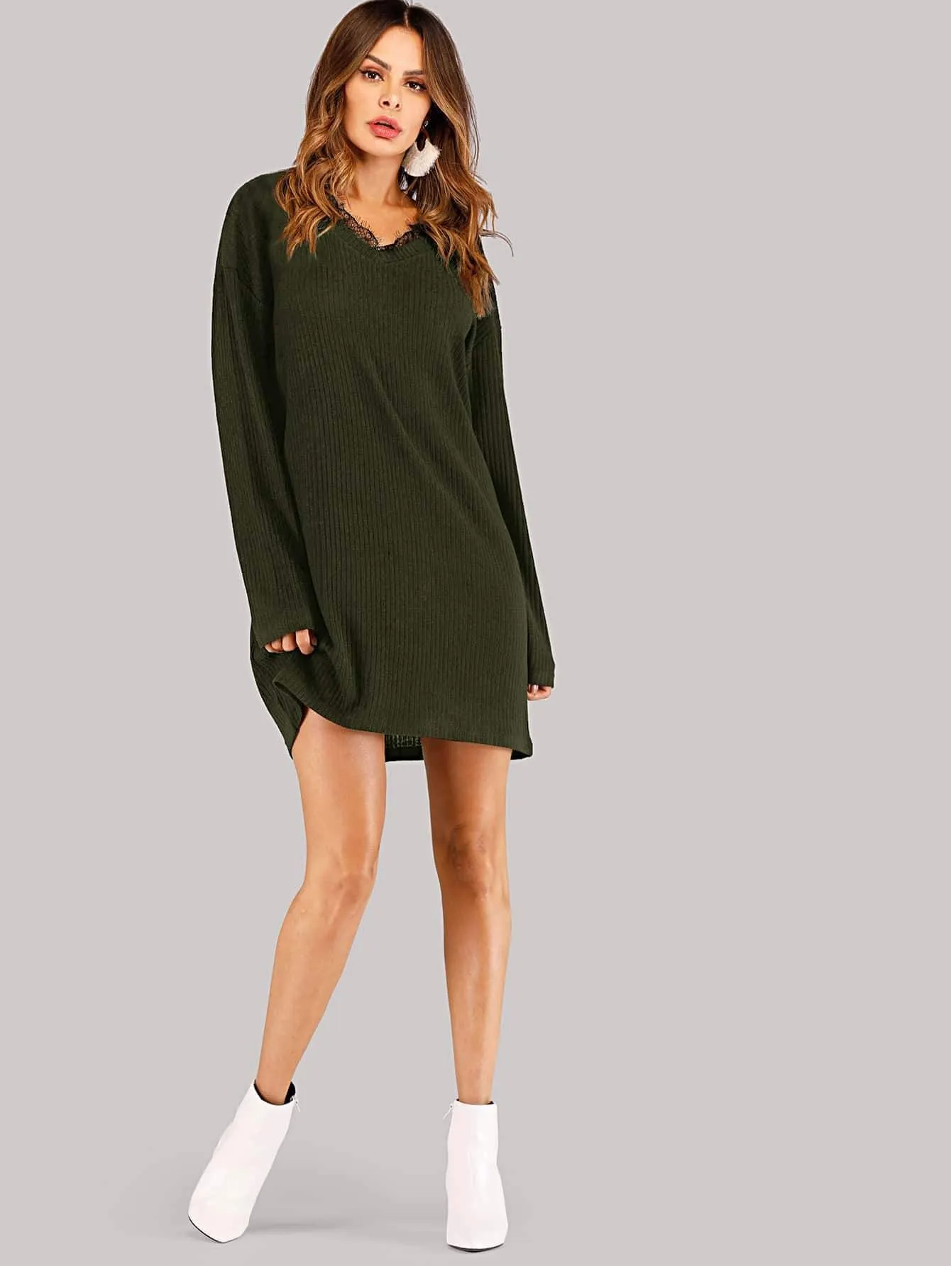 Contrast Lace Ribbed Knit Jumper Dress