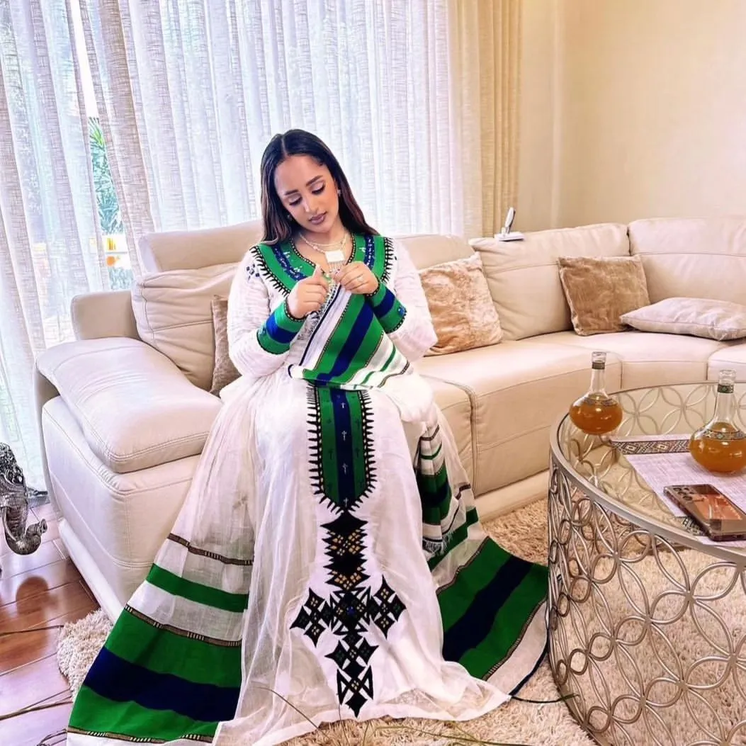 Cultural Ethiopian Dress Vibrant Green and Blue Habesha Dress