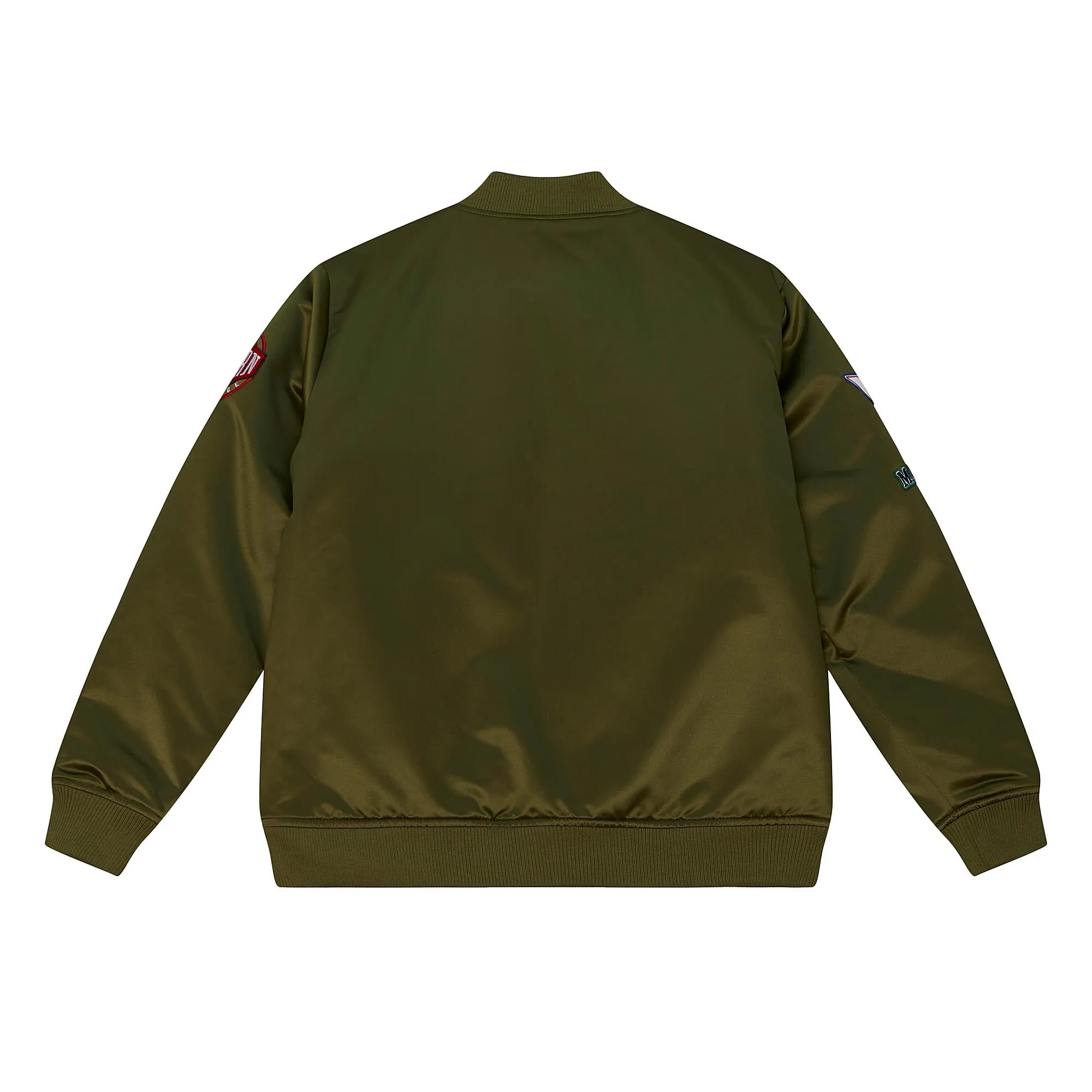 DALLAS MAVERICKS MITCHELL & NESS OLIVE FLIGHT SATIN BOMBER JACKET