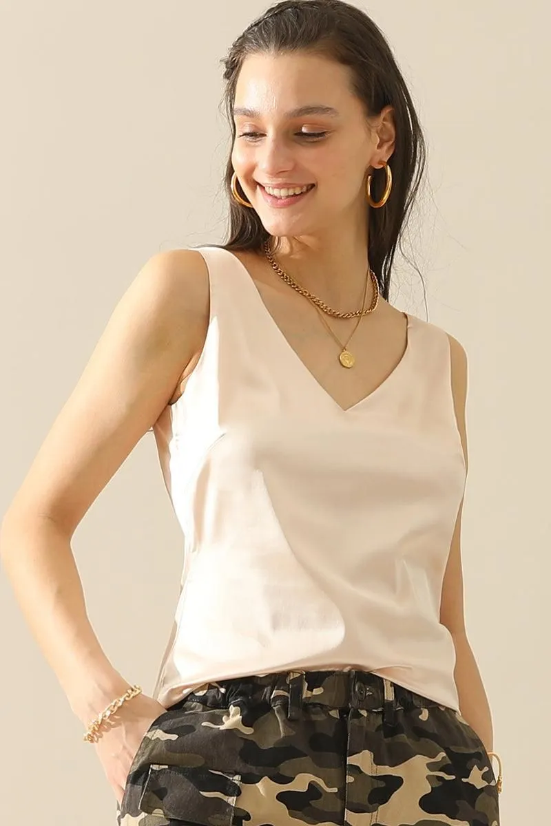 DEEP V NECK SATIN SLEEVELESS TUNIC TOP