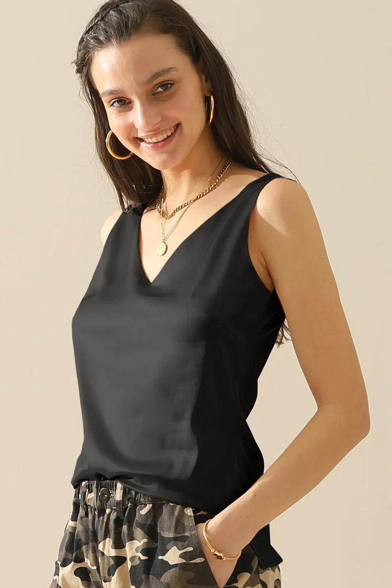 DEEP V NECK SATIN SLEEVELESS TUNIC TOP