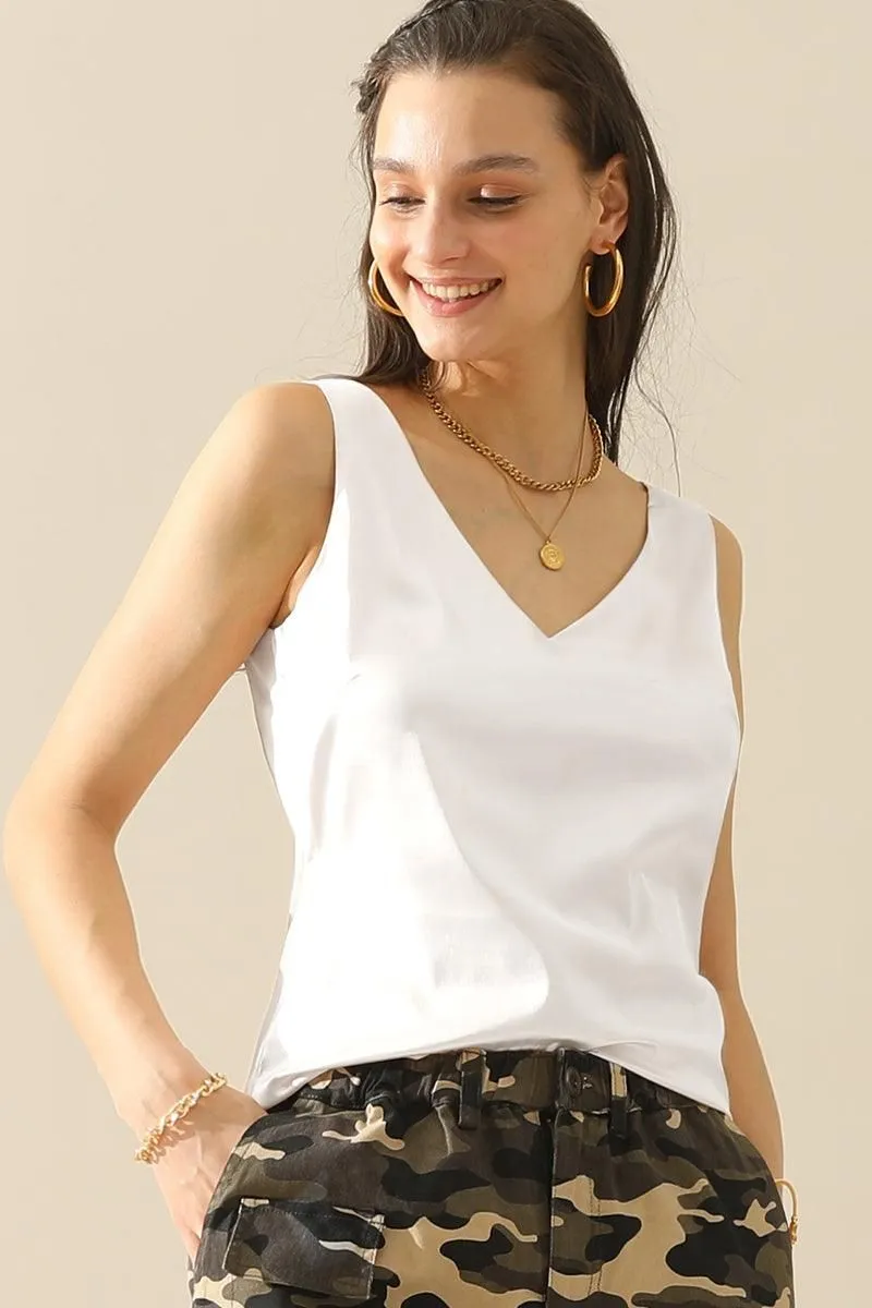 DEEP V NECK SATIN SLEEVELESS TUNIC TOP