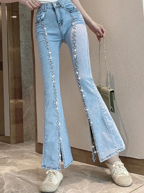 Diamante Detail Split Flare Jeans