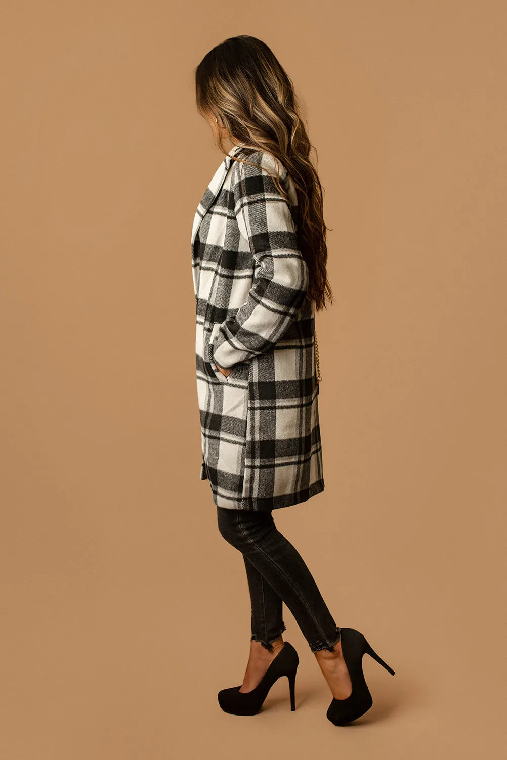 Edison Lapel Collar Plaid Coat (Black   White) | SIZE LARGE FINAL SALE