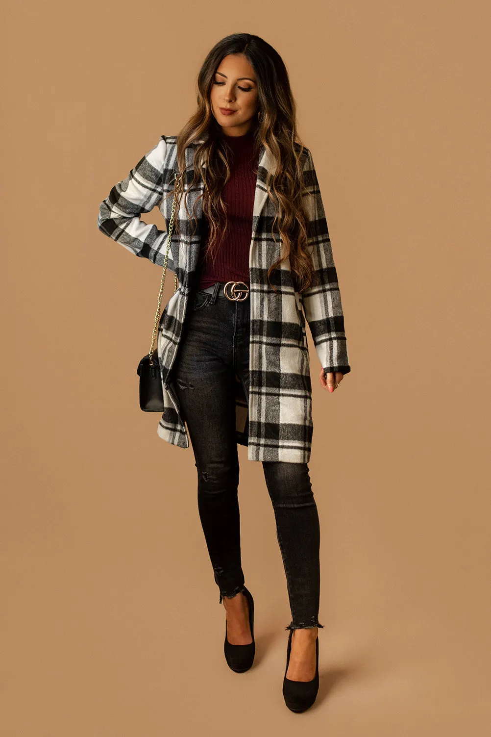 Edison Lapel Collar Plaid Coat (Black   White) | SIZE LARGE FINAL SALE