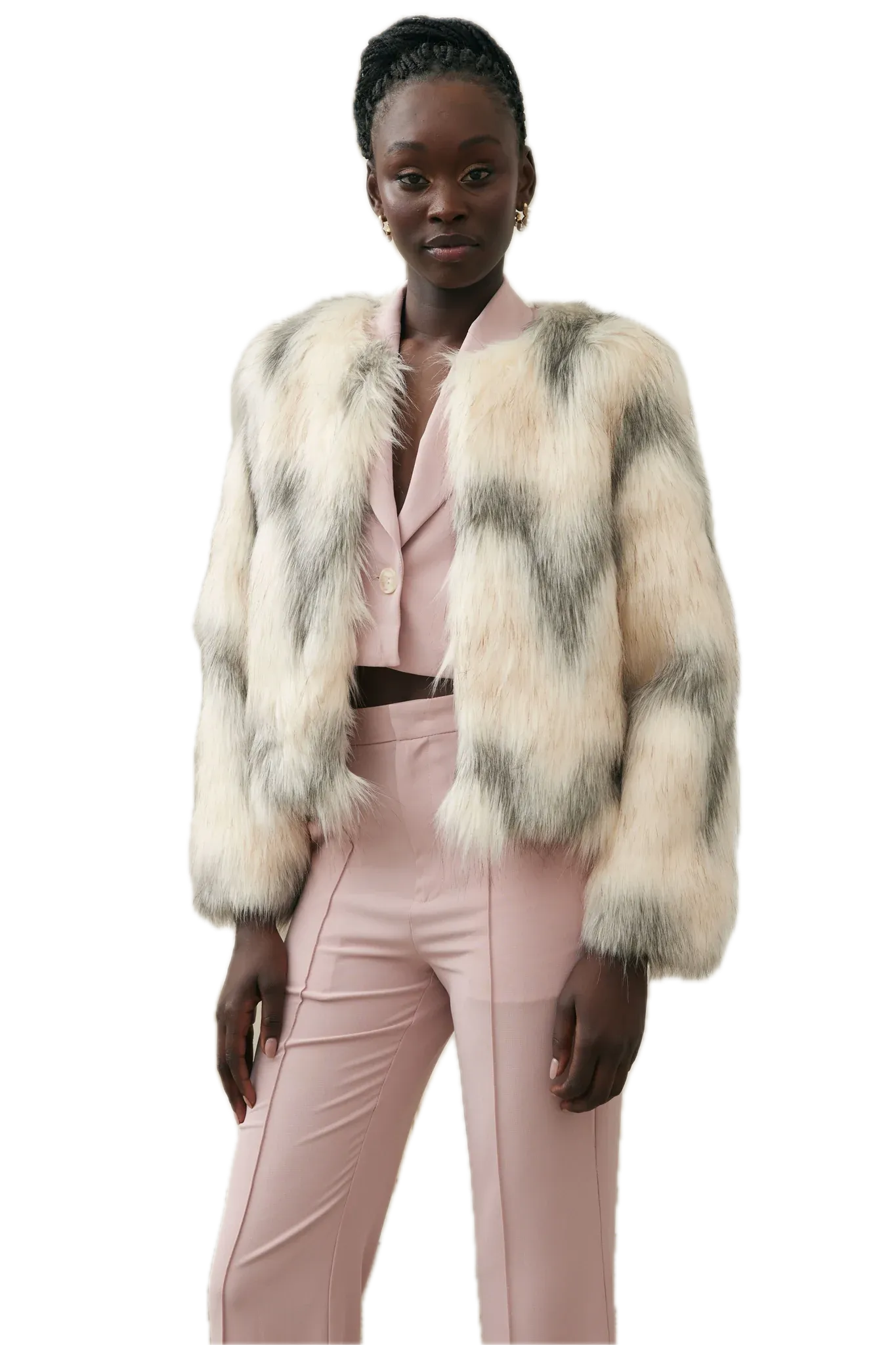 Elliatt Noel Chevron Faux Fur Jacket - Ivory Grey Elegance