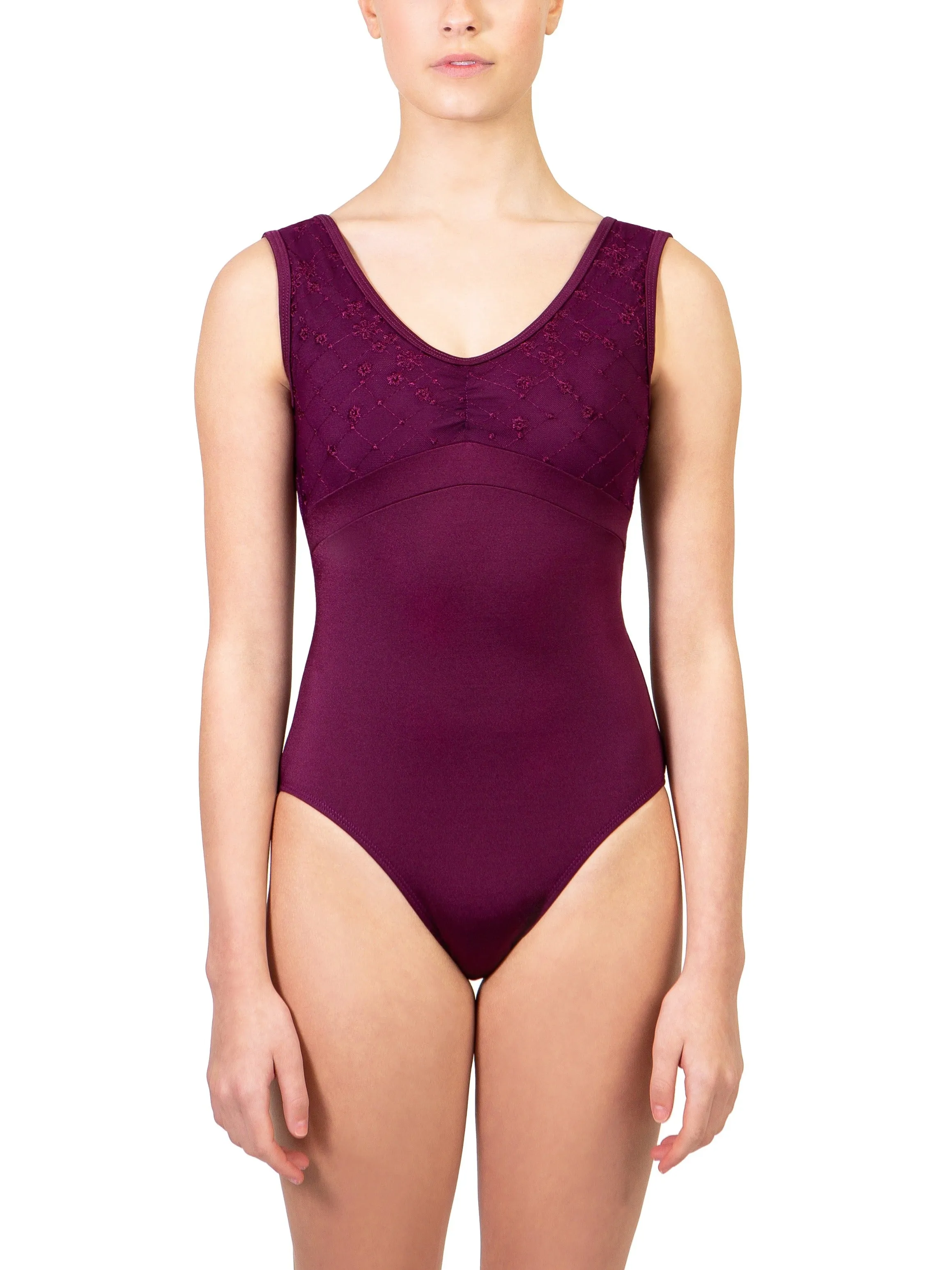 Embroidered Mesh Pinch Front Tank Leotard