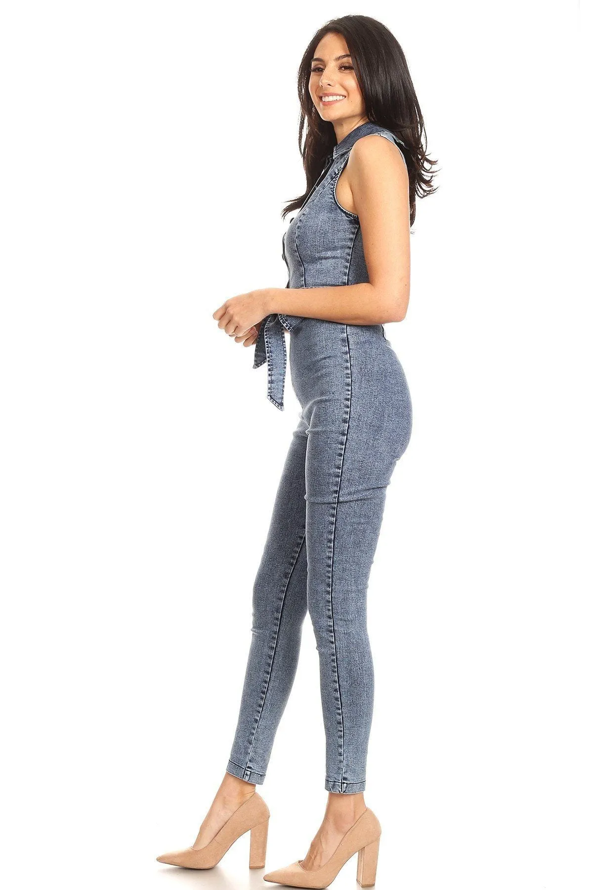 Fitted Denim Jumpsuit With Waist Tie, Button Down Detail, And Collar