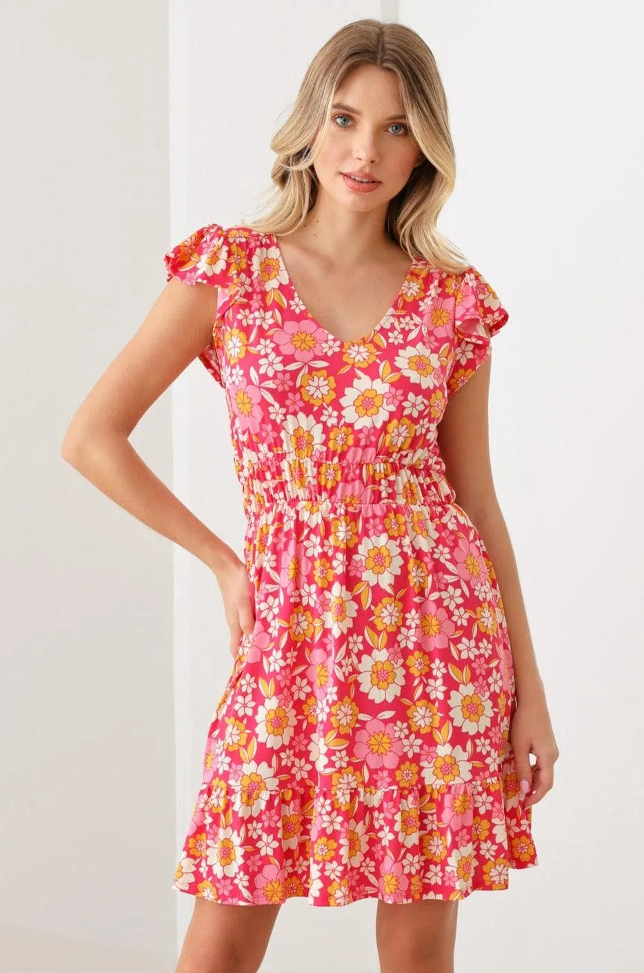 Floral Print Ruffle Cap Sleeves Babydoll Mini Dress