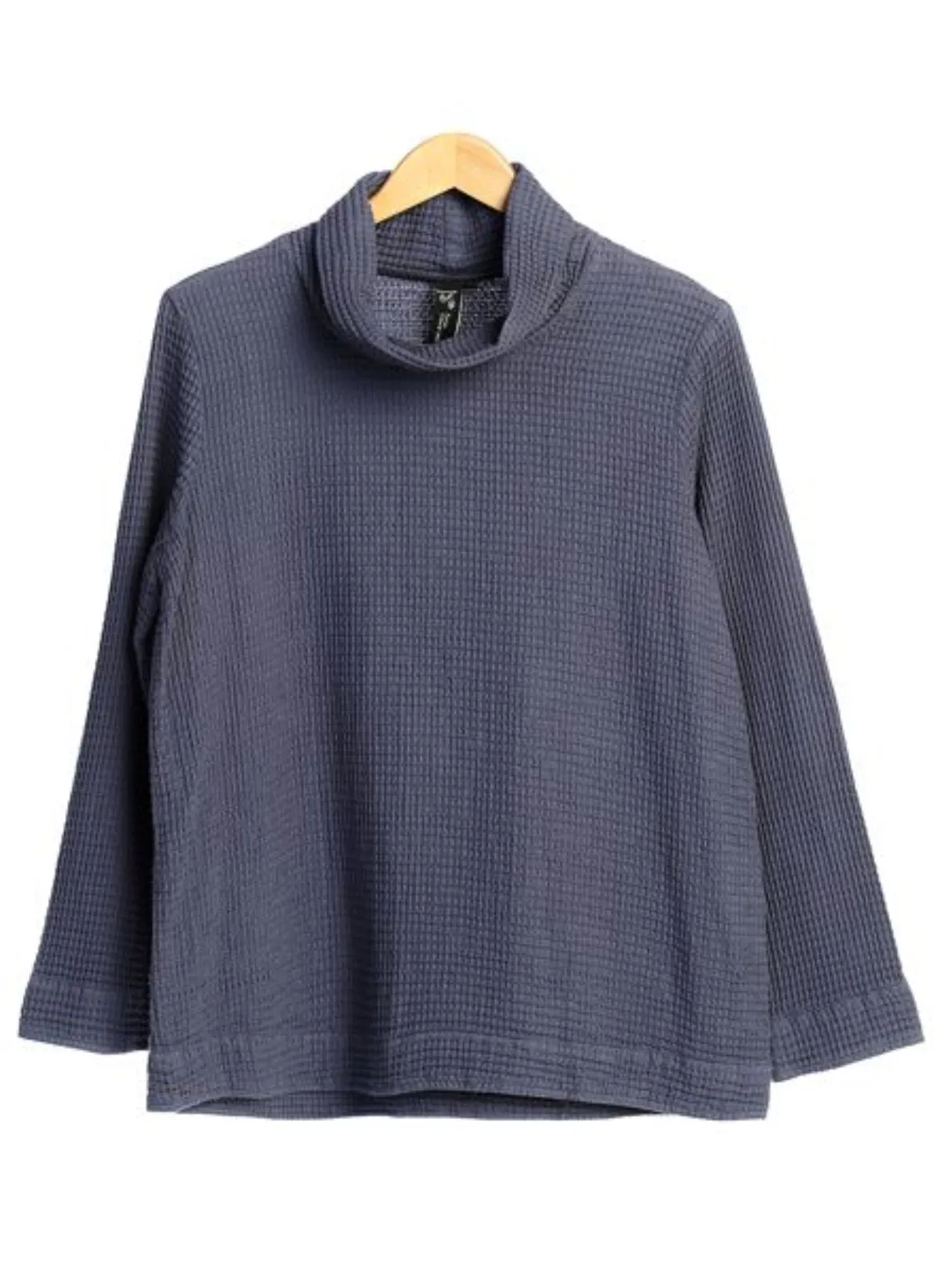 Focus High Cowl Neck Waffle Weave Tunic-Indigo