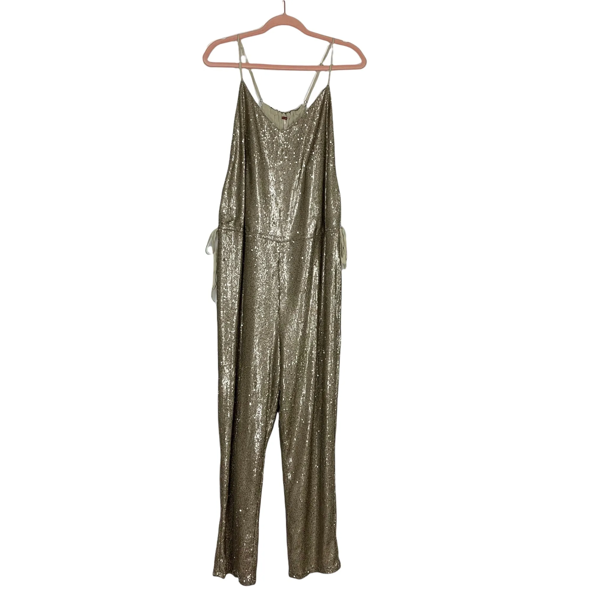 Free People Gold Sequins Side Tie Jumpsuit- Size L (sold out online)