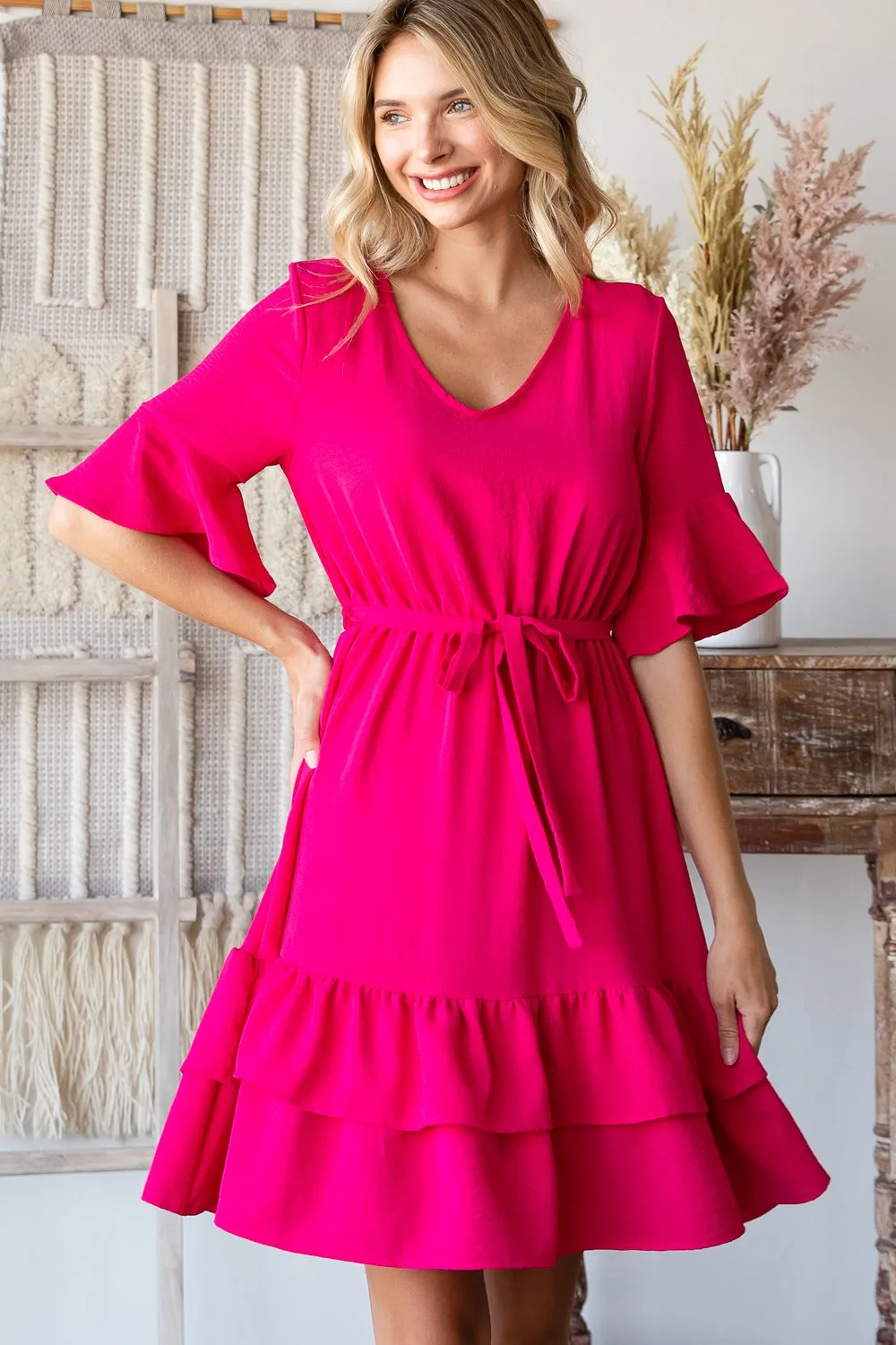 FUCHSIA BELL SLEEVE RIBBON WAIST RUFFLE HEM DRESS