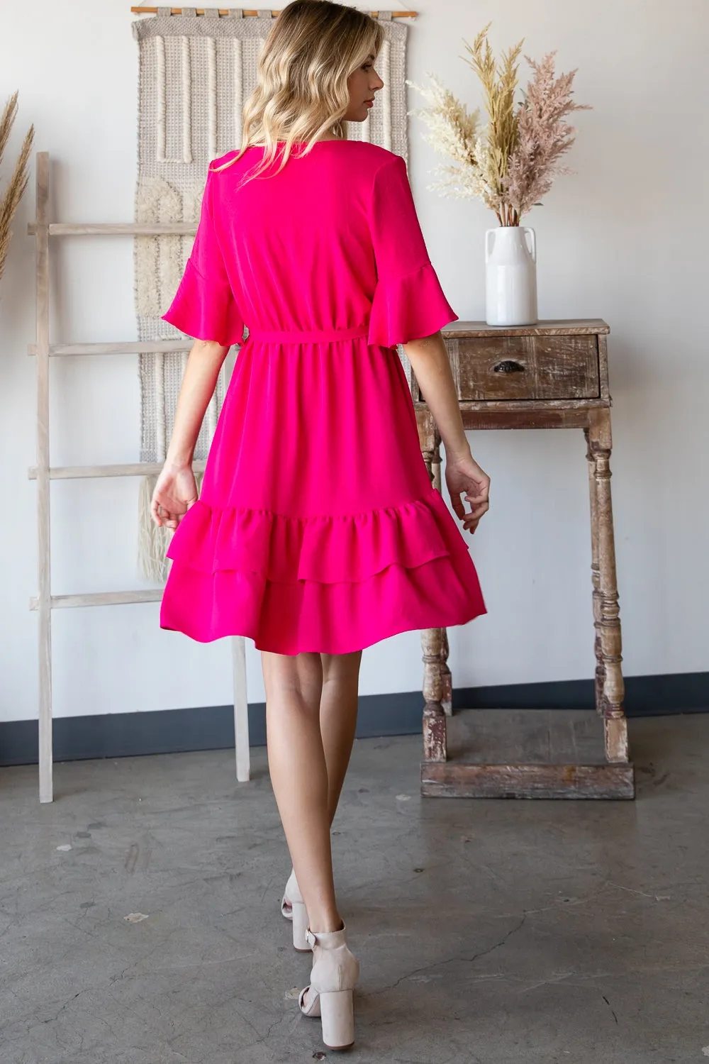 FUCHSIA BELL SLEEVE RIBBON WAIST RUFFLE HEM DRESS