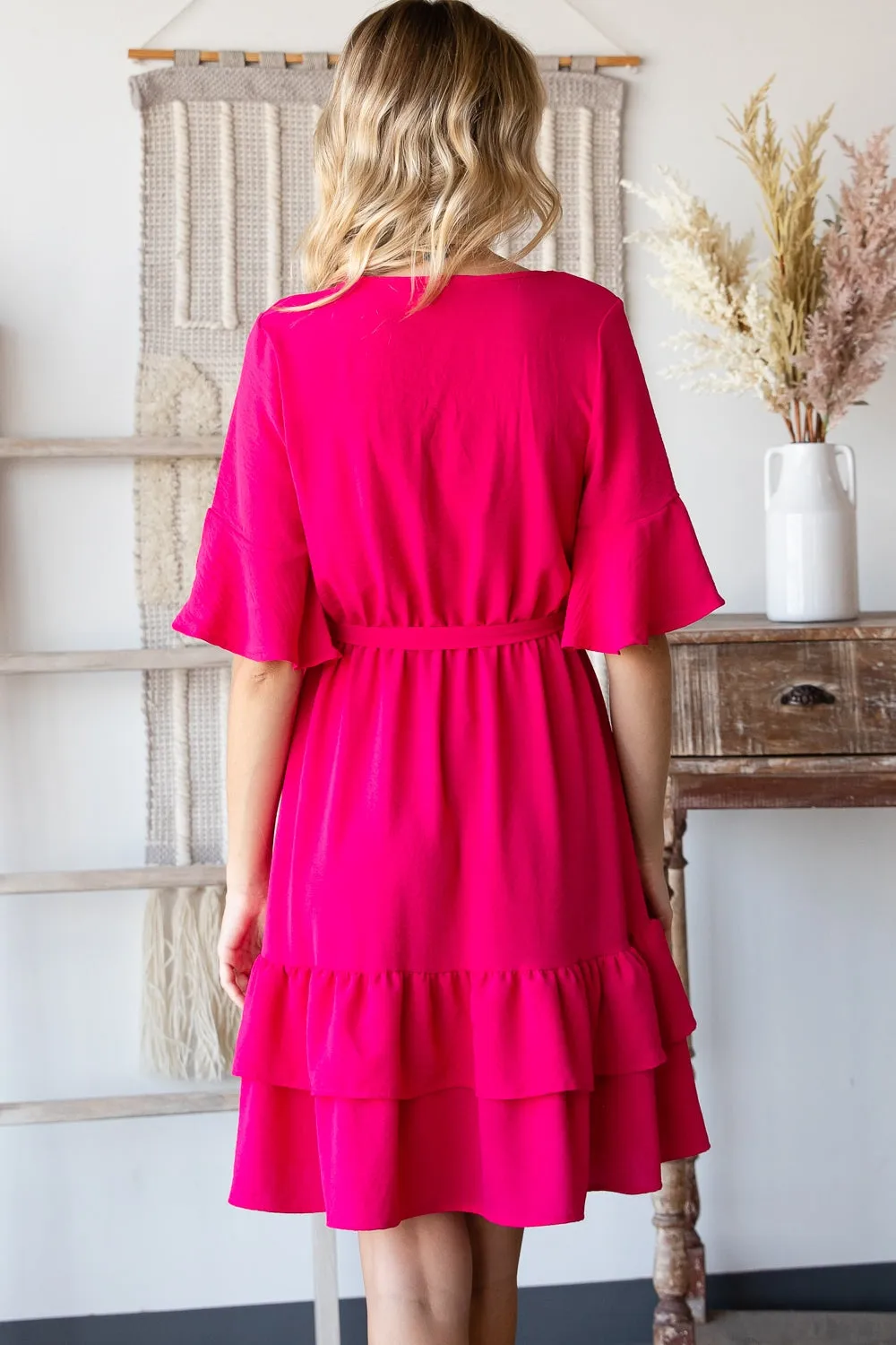 FUCHSIA BELL SLEEVE RIBBON WAIST RUFFLE HEM DRESS