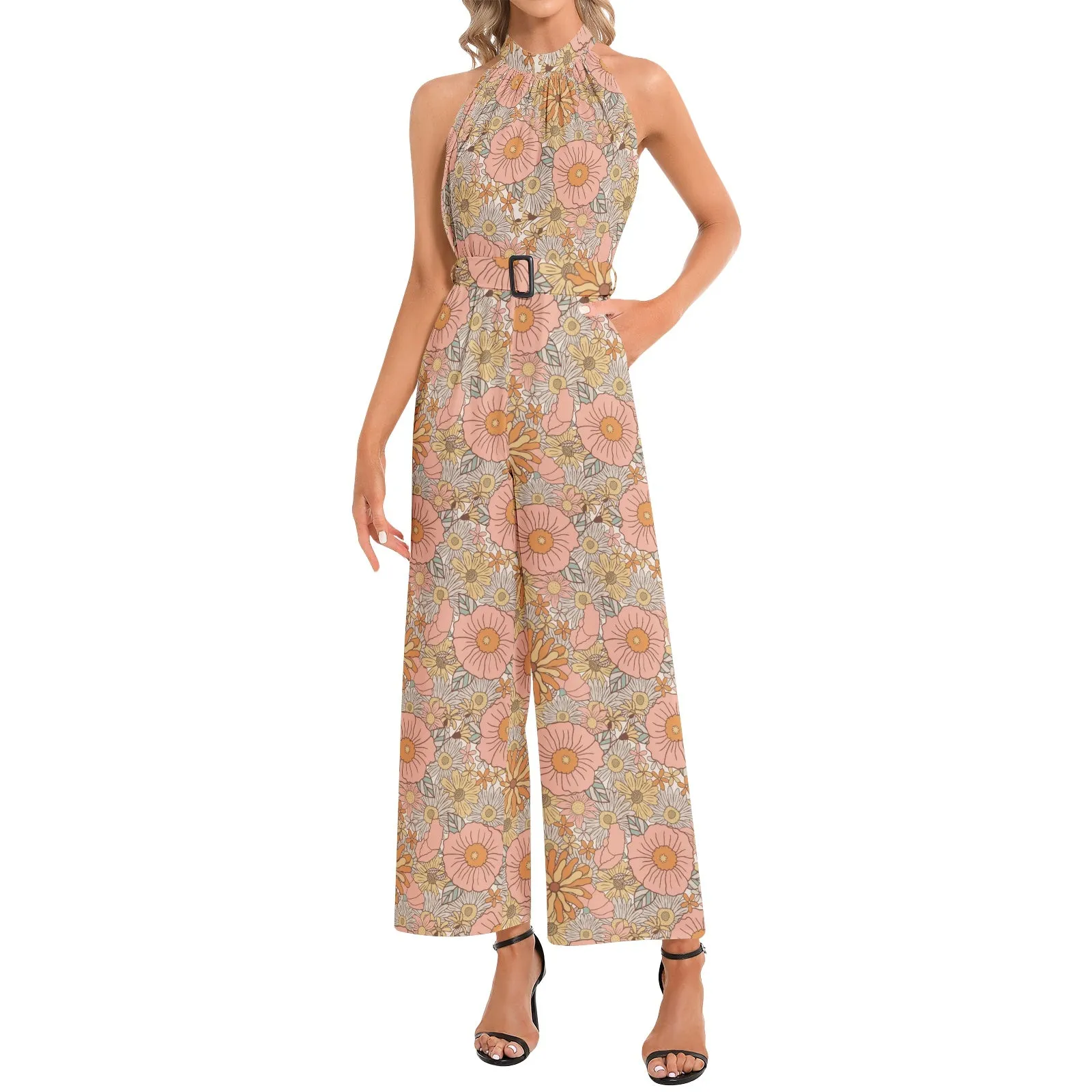 Halter Neck Buckle Belted Jumpsuit Pink Floral