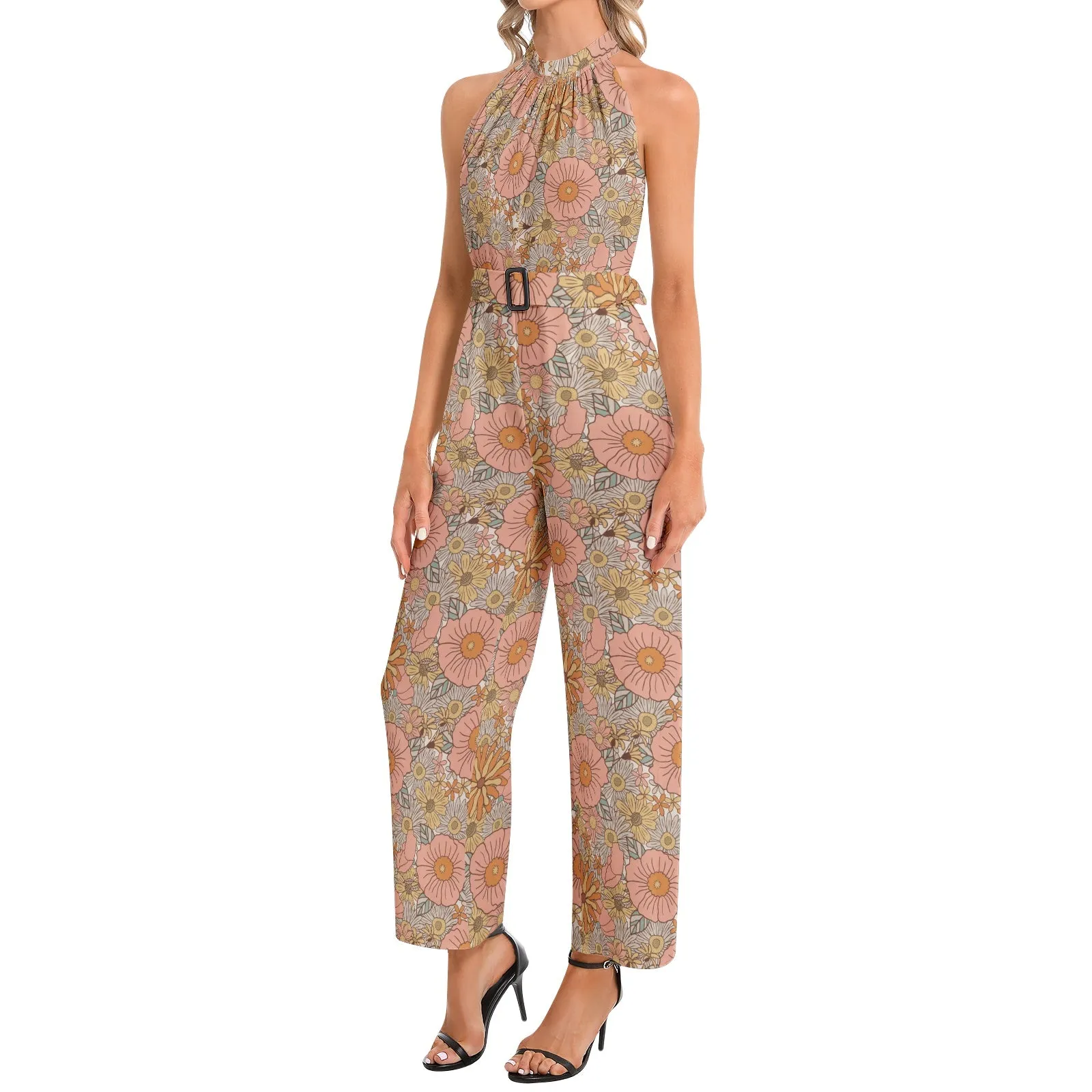 Halter Neck Buckle Belted Jumpsuit Pink Floral