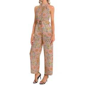 Halter Neck Buckle Belted Jumpsuit Pink Floral