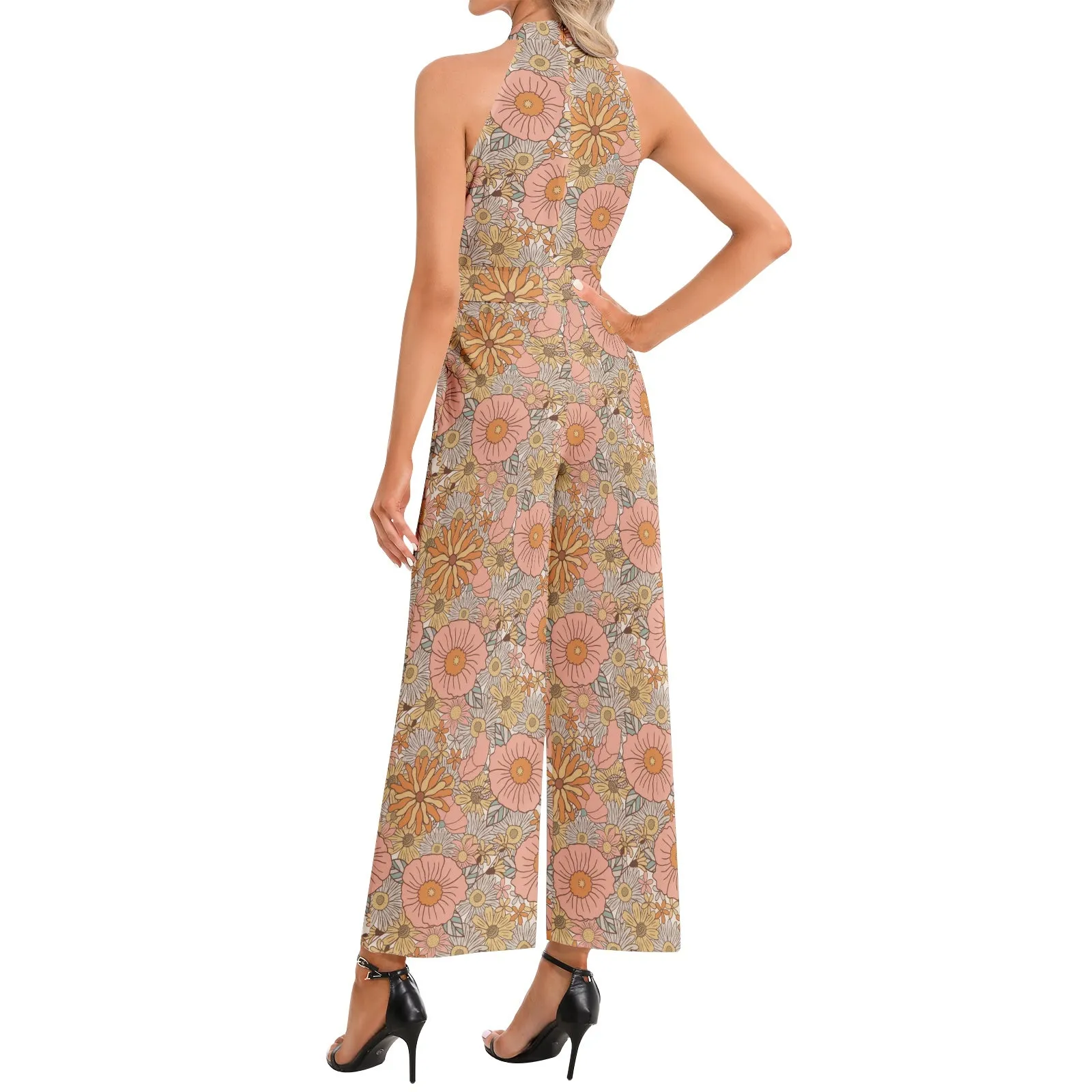 Halter Neck Buckle Belted Jumpsuit Pink Floral