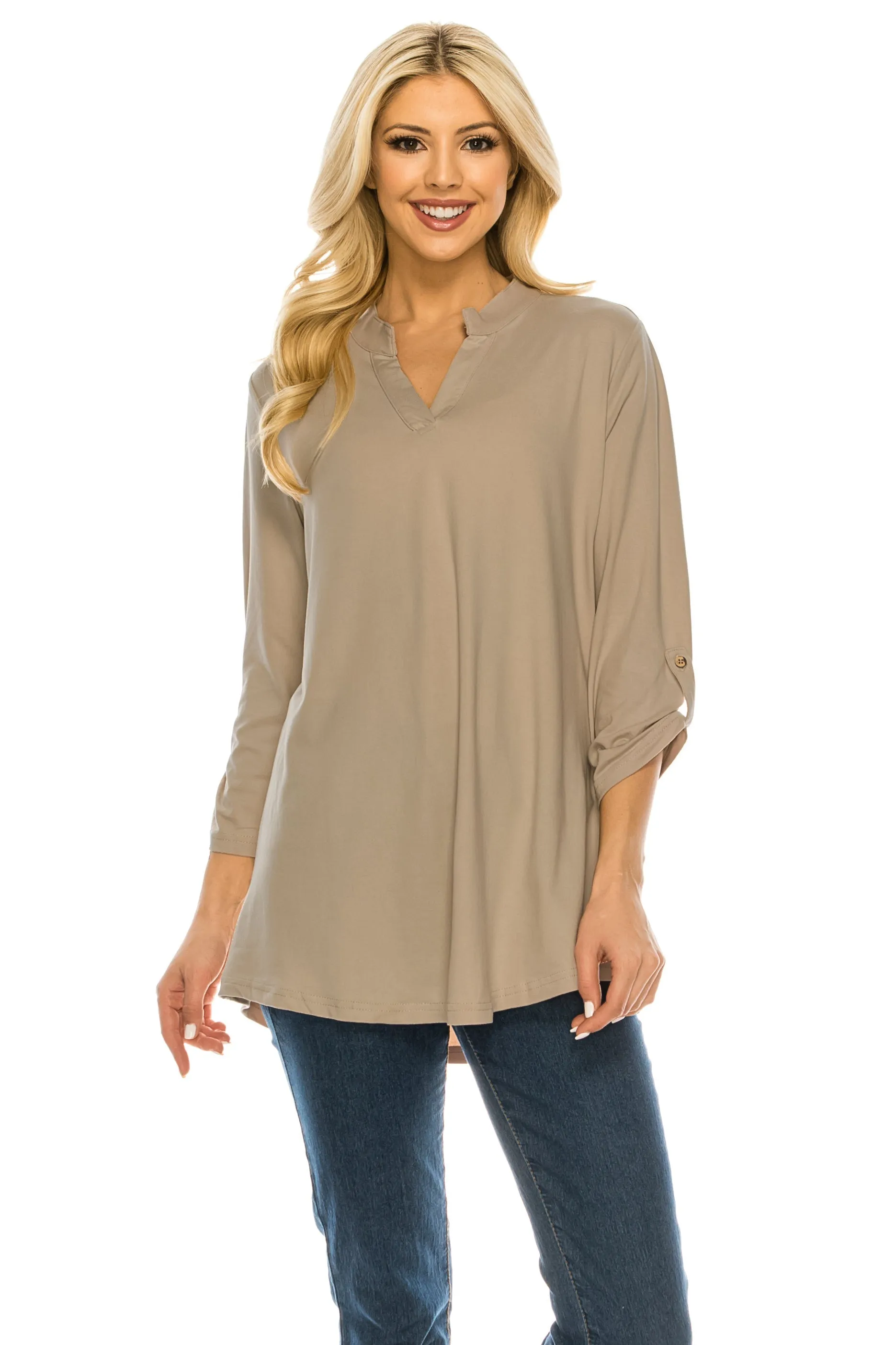 Haute Edition Women's 3/4 Sleeve Tunic Tops S-3X Solid. Plus size available.