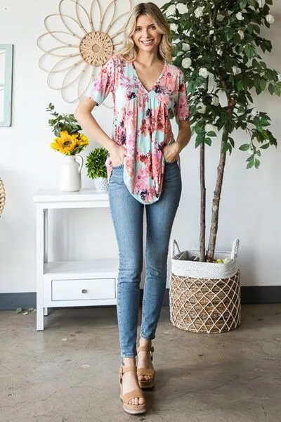 Heimish Floral V-Neck Short Sleeve Babydoll Blouse