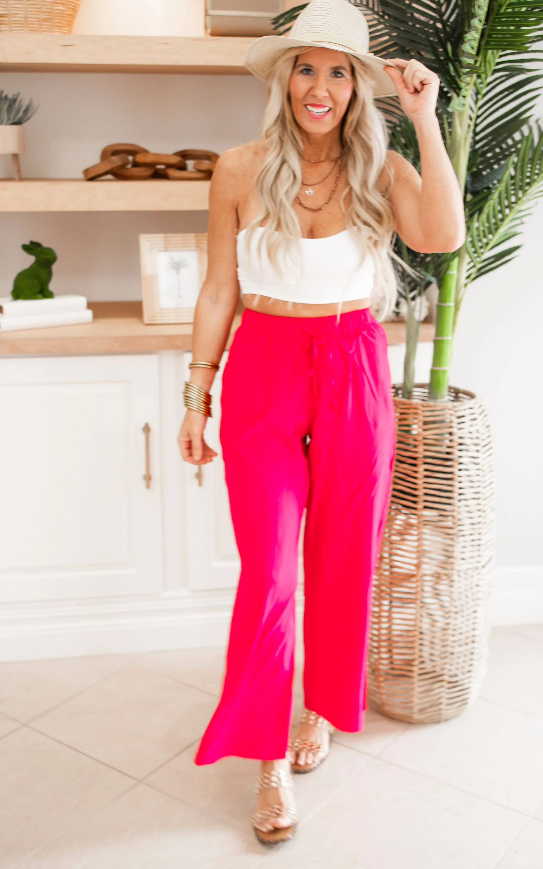 High-Waist Tie Waist Linen Blend Wide Leg Pants - Final Sale