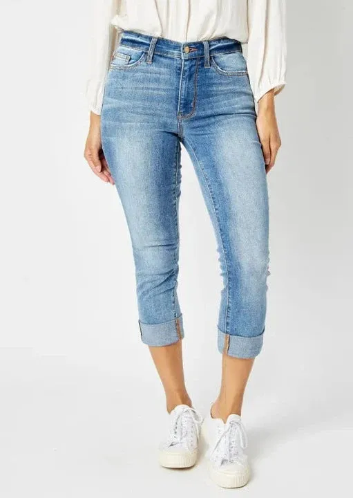 JUDY BLUE Mid Rise Skinny Cuffed Capri Denim  #116