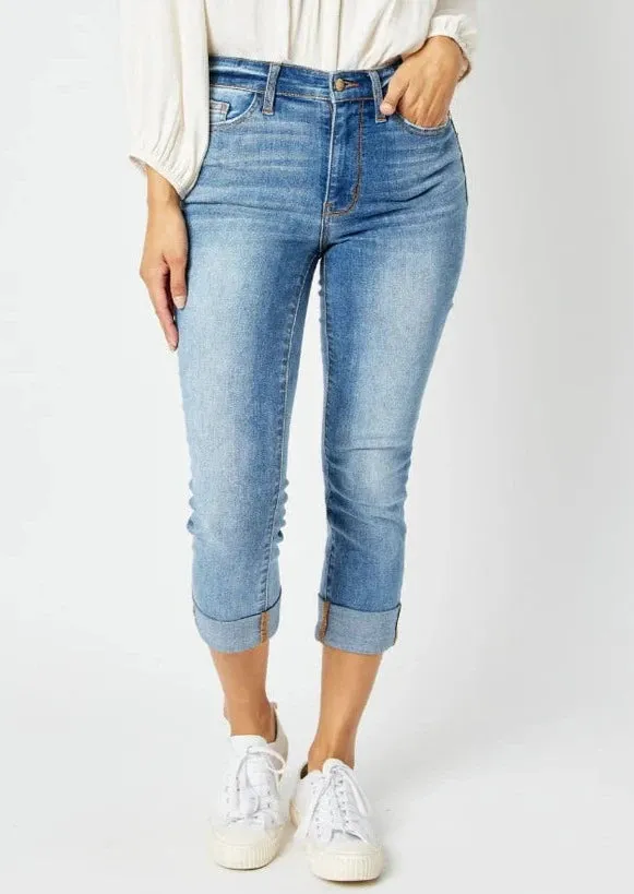 JUDY BLUE Mid Rise Skinny Cuffed Capri Denim  #116