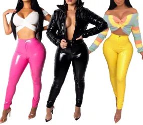 Ladies Latex PU Leather Vinyl High Waist Leggings Pants