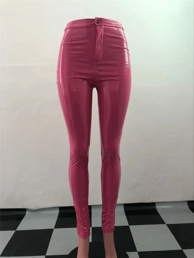 Ladies Latex PU Leather Vinyl High Waist Leggings Pants