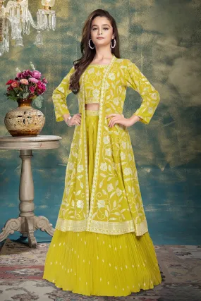 Lemon Yellow Sequins and Thread work Overcoat Styled Lehenga Choli for Girls