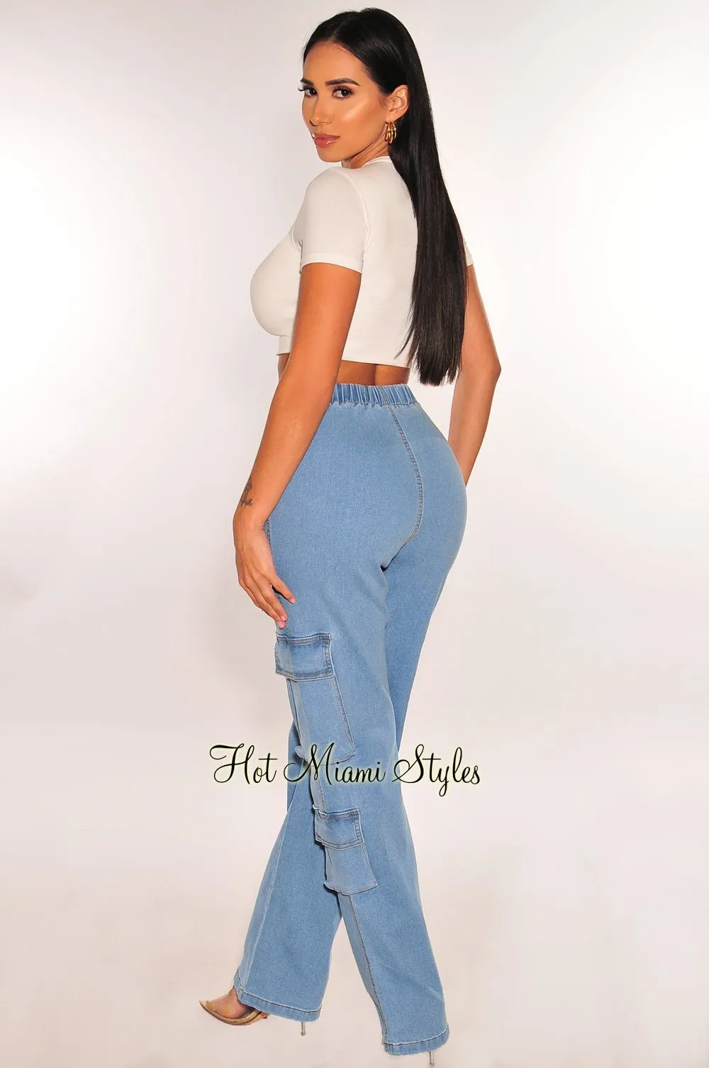 Light Denim V High Waist Wide Leg Cargo Jeans