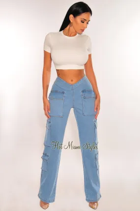 Light Denim V High Waist Wide Leg Cargo Jeans