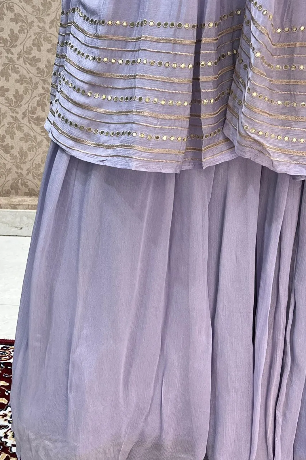 Lilac Beads, Thread and Stone work Overcoat Styled Crop Top Lehenga