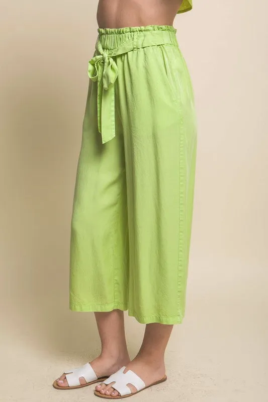 Lime High Rise Tie Waist Tencel Paperbag Pants