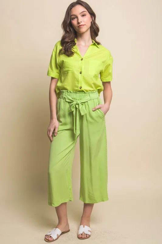 Lime High Rise Tie Waist Tencel Paperbag Pants