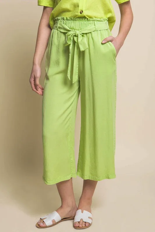 Lime High Rise Tie Waist Tencel Paperbag Pants