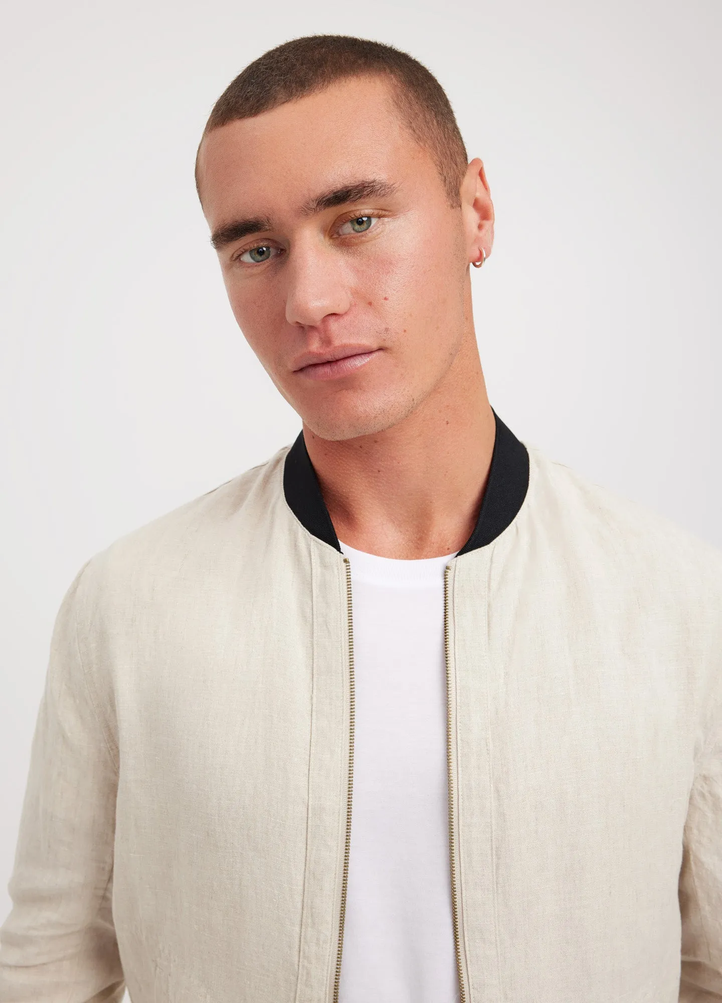 Linen Zip Through Bomber Jacket Natural