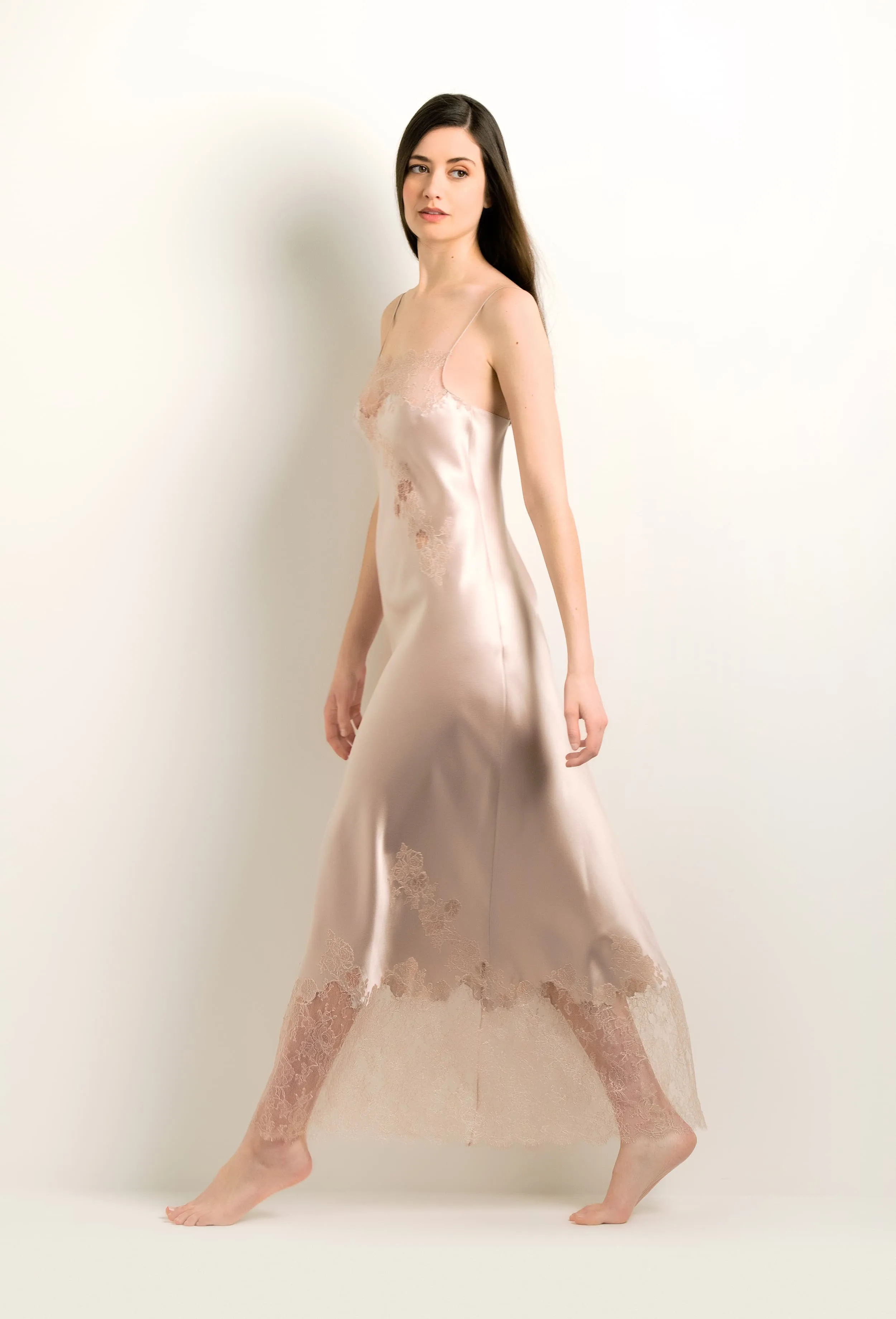 Long silk slip dress - Dove grey and Rosa Caudry lace